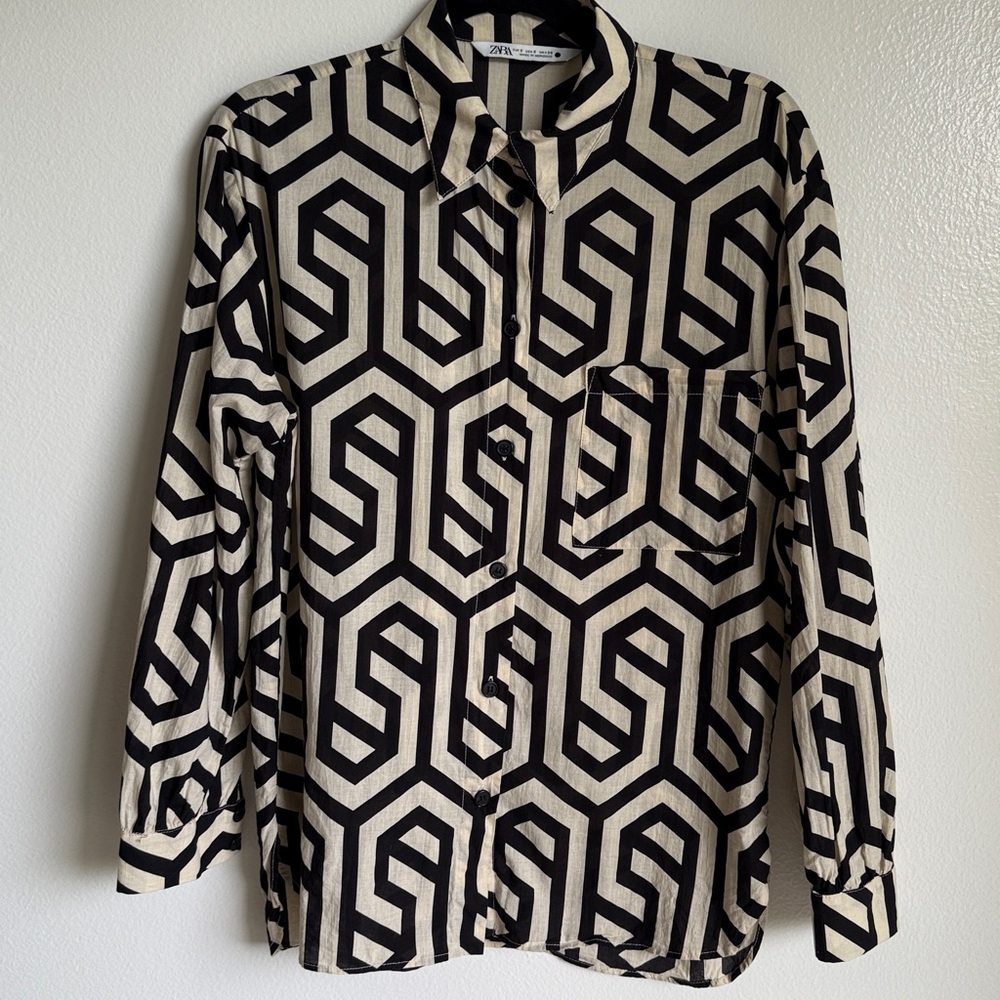 Zara Cream Black Geometric Long Sleeve Button Down Blouse, Small - Picture 6 of 6